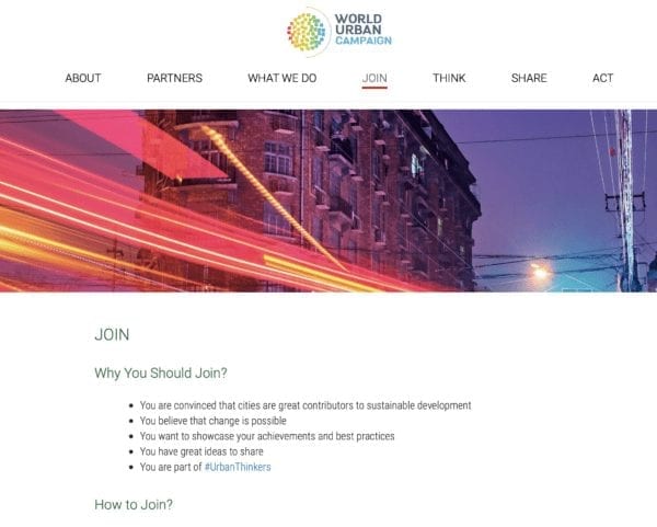 World Urban Campaign webpage screengrab