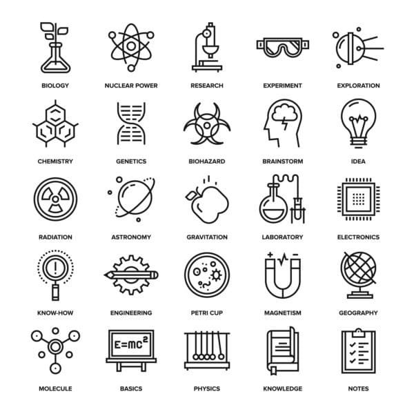 Abstract vector collection of line research and science icons. Elements for mobile and web applications.